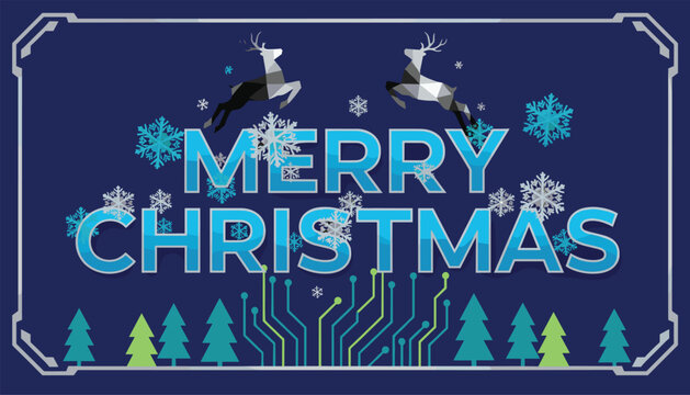 Modern tech themed Merry Christmas card with electronic circuit board lines, trees, and geometric polygon reindeer.