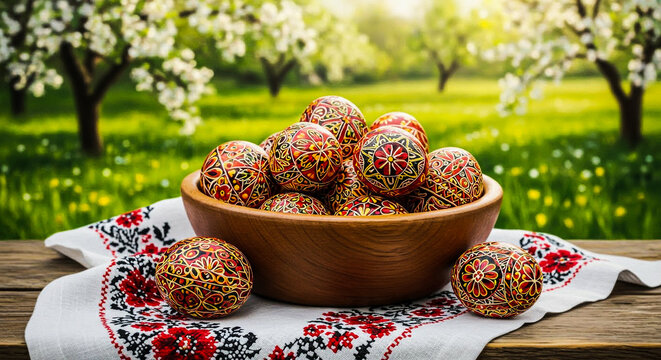 Vibrant traditional Ukrainian pysanky Easter eggs in a wooden bowl on embroidered linen