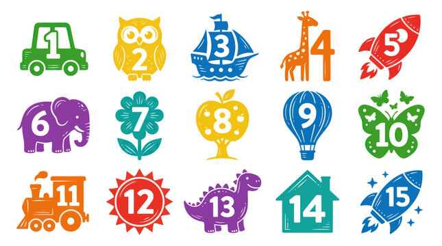 Colorful Numbers 1-15 with Objects, Cartoon Style, Educational Graphics