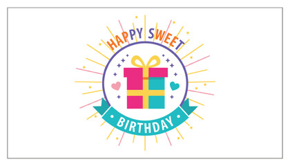 Fototapeta premium Colorful birthday celebration badge featuring a pink and blue present box in a circle frame with starburst rays.