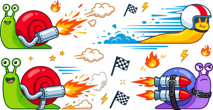 Fast racing snail vector illustration set with funny cartoon gastropods wearing helmets rocket boosters and burning turbo exhausts isolated on white background
