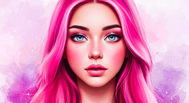 A vibrant digital illustration of a young woman with striking pink hair and blue eyes