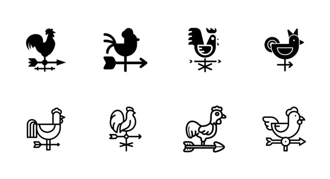 Weather vane rooster silhouettes black line art on white background