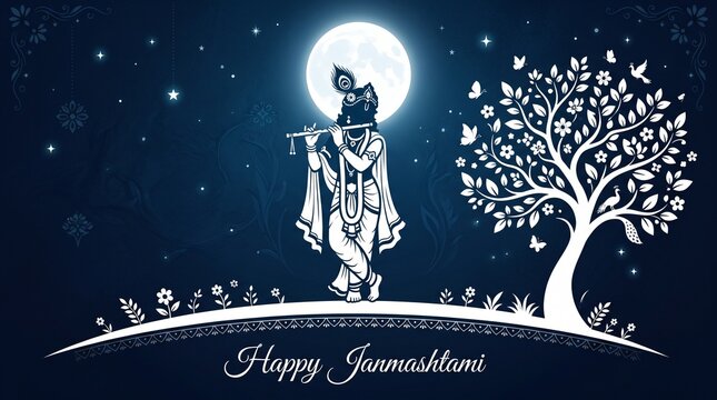 Lord Krishna Silhouette under Tree with Flute - Happy Janmashtami Greeting