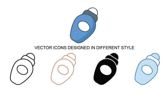 Correcting fluid bottle icon set with line, solid, and flat color versions for school, office stationery, and correction tools