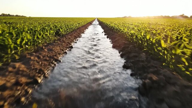 Flowing Irrigation Channel Through Lush Green Agricultural Field at Sunrise Capturing Vital Water Supply for Crops