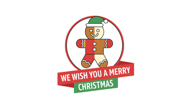 Christmas greeting sticker badge design showing a cute gingerbread man with santa hat and message ribbon banner.