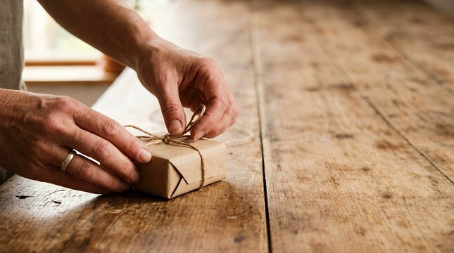 Hands of a person carefully tying a twine string around a small brown kraft paper gift box on a rustic wooden table.