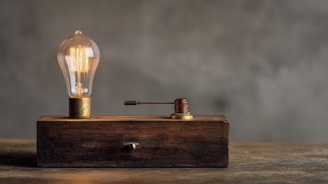 electromagnet. A simple circuit on a wooden table, a nail jumps towards a wire coil. symbolizing technological progress and responsible innovation.