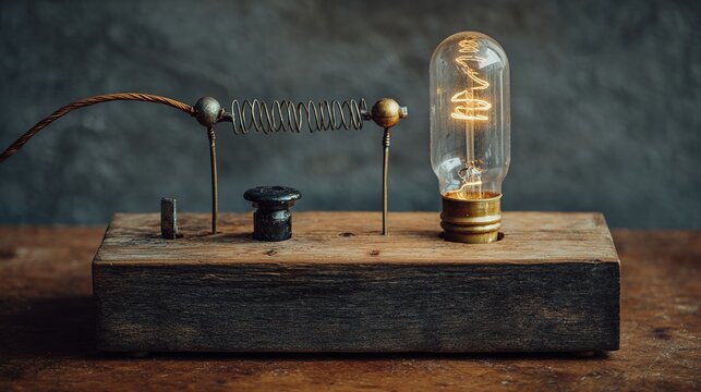 electromagnet. A simple circuit on a wooden table, a nail jumps towards a wire coil. symbolizing technological progress and responsible innovation.