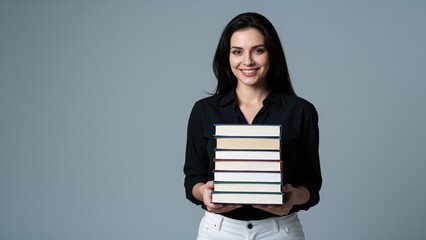 Fototapeta premium Woman with Stack of Books: A smiling young woman with long dark hair, wearing a black collared shirt and white pants, holds a stack of hardcover books. She stands against a neutral gray background.