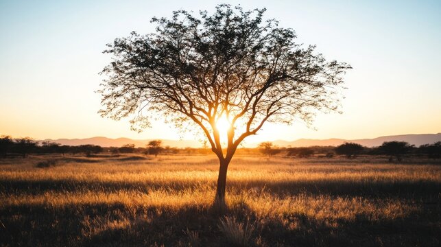 Single tree silhouetted against a golden sunset over a grassy plain.