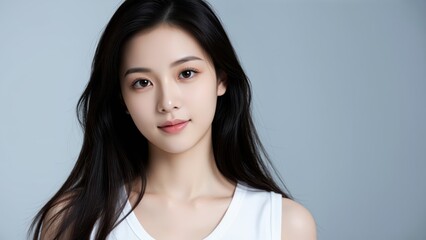Fototapeta premium Young Woman Portrait: A young Asian woman with long, dark hair and a gentle expression gazes calmly at the viewer, her subtle smile hinting at inner confidence.