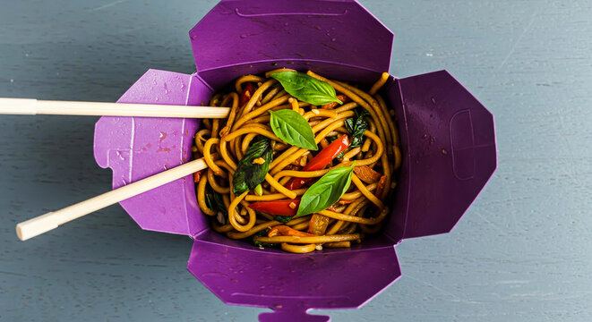 Overhead View of Stir-Fry Noodles with Vegetables in a Purple Takeout Box