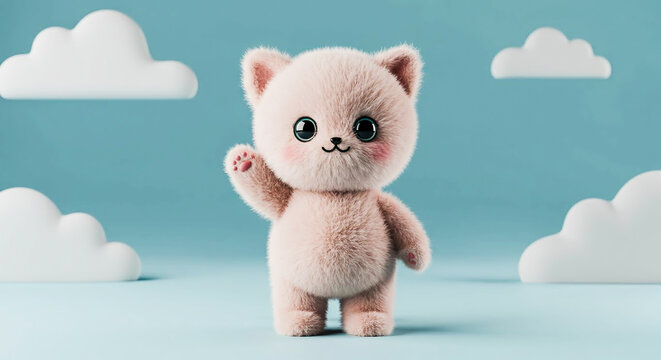 Charming fluffy pink kitten with big, sparkling eyes waves cheerfully on a soft blue background.