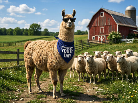 Llama wearing sunglasses and bandana with text international youth day stands in farm field with sheep.