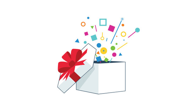Opened white gift box with red ribbon exploding with colorful geometric abstract shapes on a white background.