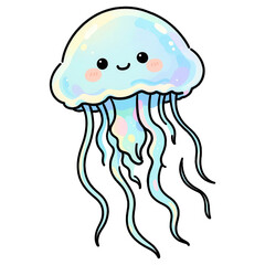 Naklejka premium Kawaii Jellyfish Friend: A cute and colorful cartoon jellyfish with a happy smiling face and flowing tentacles, perfect for adding a touch of whimsical charm to any design.