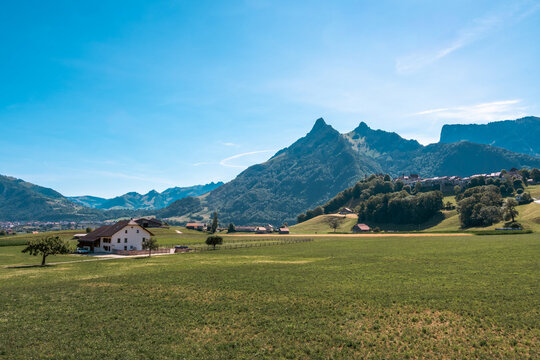 Paysage de la campagne fribourgeoise avec une ferme traditionnelle et le bourg m&eacute;di&eacute;val de Gruy&egrave;res au loin