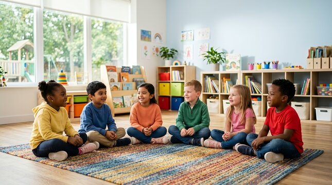 Diverse group of happy young children sitting in a circle on a colorful rug in a bright classroom, engaged in a group activity.