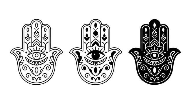 Ornate Hamsa Hand Symbols, Evil Eye Protection Icons, Mystical Talisman Vector Set