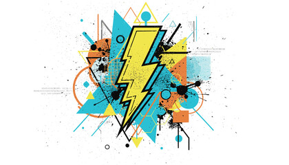 Naklejka premium Powerful lightning bolt graphic with grunge texture over colorful abstract geometric triangles and ink splatters on white.