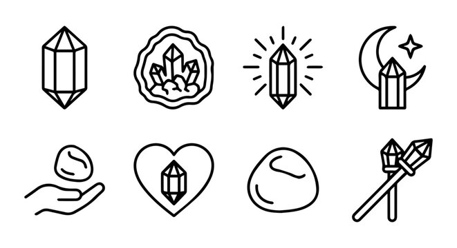 Crystal Icons, Gemstone Line Art, Mystical Elements, Celestial Graphics, Spiritual Symbols
