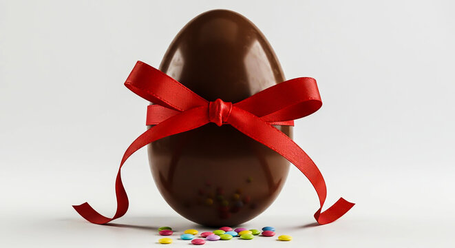 Delightful chocolate Easter egg with red ribbon and colorful sprinkles on white.