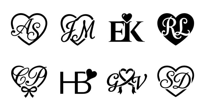 Elegant Monogram Heart Logos, Wedding Initials Vector Set, Romantic Couple Emblems
