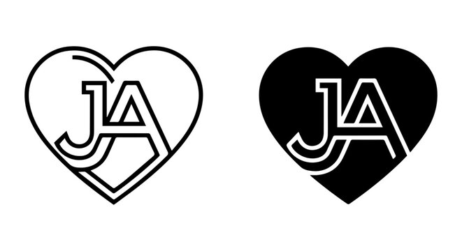 JA Monogram Heart Logos, Black and White Vector Icons for Love and Branding
