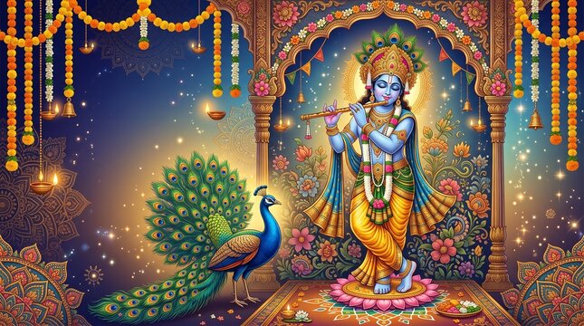 Krishna Janmashtami gradient banner in royal blue and gold tones, Lord Krishna playing flute with peacock feathers and divine aura