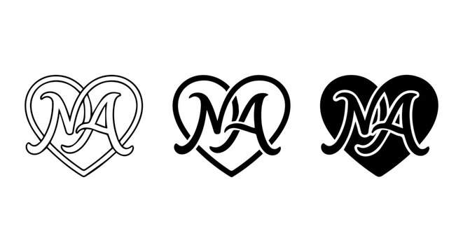 Monogram MA Heart Logo Vector Set, Elegant Script Initials, Romantic Symbol Collection