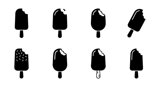 Bitten Ice Cream Popsicle Icons, Sweet Frozen Dessert Vector Set, Summer Treat Collection