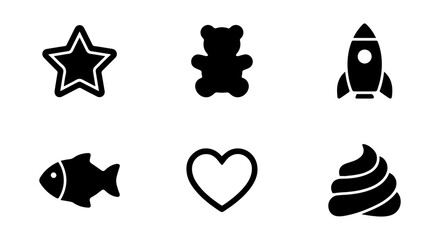 Fototapeta premium Simple Black Icons: Star, Teddy Bear, Rocket, Fish, Heart, Poop Emojis