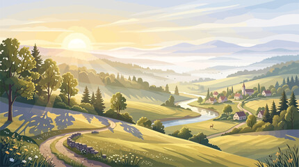 Idyllic European Countryside Village at Sunrise with Winding River and Rolling Hills, Pastoral Scenery for Travel and Nature Themes © Nimker harva