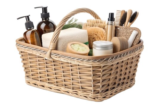 Wicker basket filled with natural organic spa products including brown glass bottles wooden brushes bath sponges and cosmetic creams arranged neatly against a white background