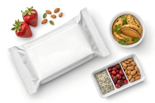 Blank white snack packaging mockup positioned flat on a clean surface surrounded by fresh strawberries toasted almonds and crunchy granola bowls for branding design presentation purposes