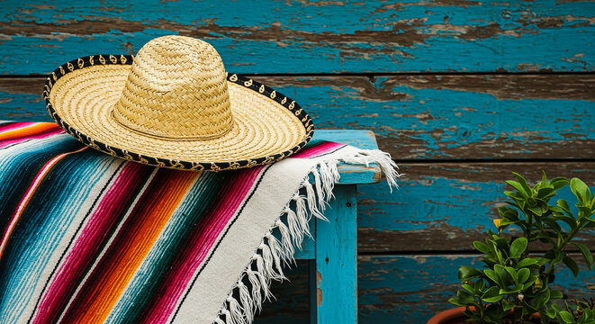Colorful serape and traditional straw sombrero on a rustic blue wooden bench
