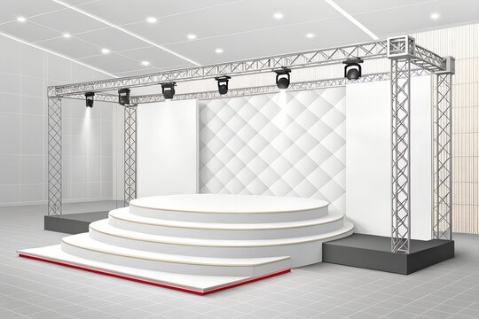 Modern circular presentation stage with clean white steps and metal truss lighting structure inside a bright empty exhibition hall for professional corporate events and product launches