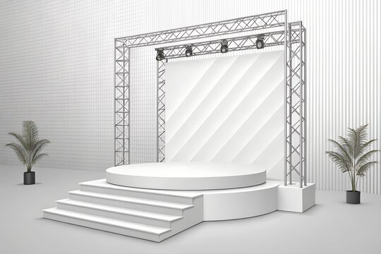 A white circular presentation stage with metallic truss structures and bright spotlights designed for professional corporate events in a clean minimalist modern indoor studio space