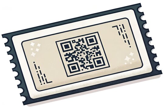 Digital event ticket featuring a central black and white square code pattern with decorative sparkles on a textured cream background captured in a clean flat illustration