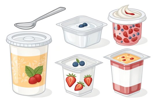 Assorted yogurt cups featuring delicious strawberry and blueberry flavors packed in plastic containers with a metal spoon for a healthy breakfast snack on a white background