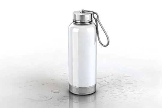 Glossy white reusable water bottle with a silver metallic cap featuring a convenient carrying loop standing upright on a reflective surface covered with small water droplets