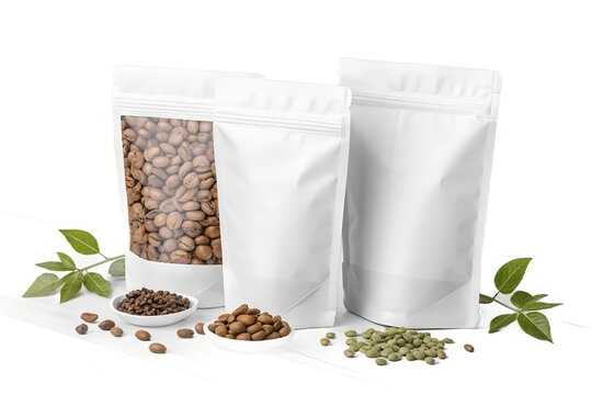 Three white blank coffee packaging pouches standing on a wooden surface with scattered roasted beans and green leaves for a professional product branding mockup design project