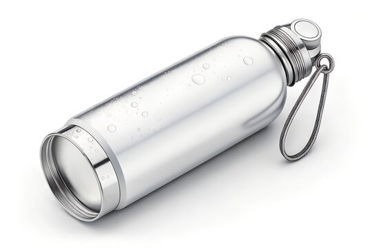 Shiny metallic water bottle featuring a sleek cylindrical design with cool condensation droplets isolated on a clean white background for modern hydration and health lifestyle