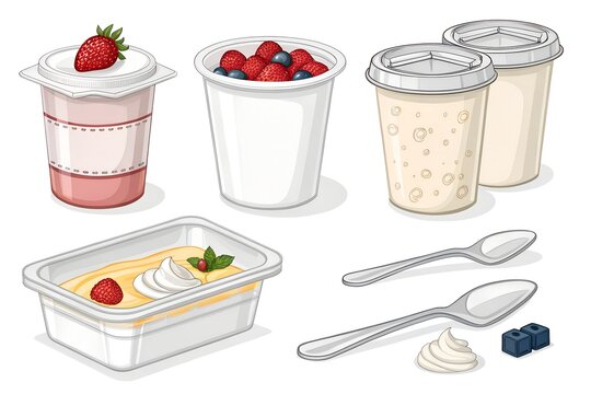 Several plastic containers filled with healthy dairy yogurt topped with fresh strawberries and blueberries alongside metallic spoons on a clean white isolated studio background surface