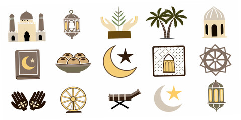 Islamic Icons Collection Flat Vector Illustrations With Beige And Brown Tones © Polash