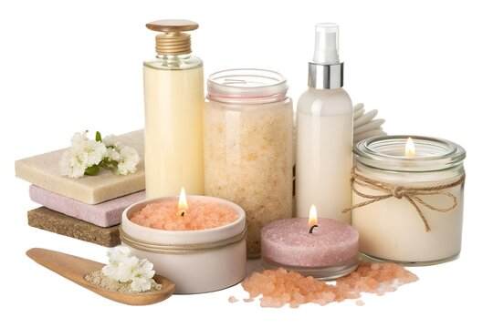Several elegant glass bottles and jars filled with natural aromatic bath products and scented candles arranged carefully on a plain white background for spa promotion photography