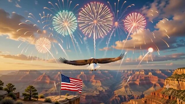 US Flag with Eagle and firworks