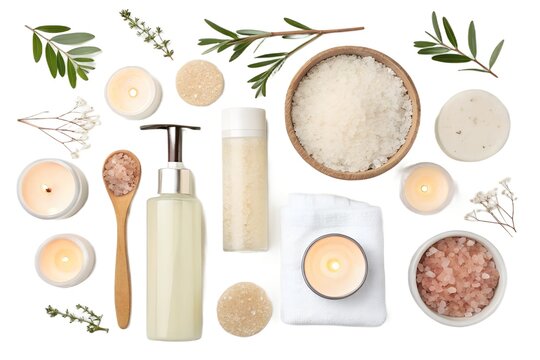 Natural spa products featuring pink himalayan salt in wooden bowls liquid soap dispenser aromatic candles and fresh green leaves arranged carefully on a white background